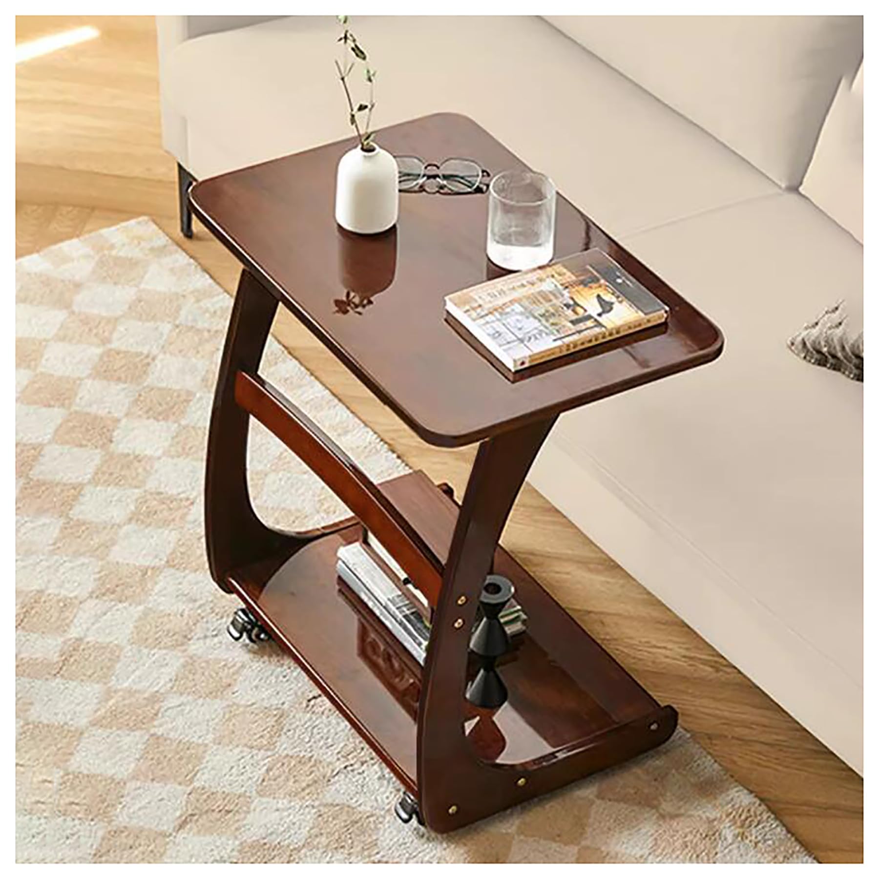 ZLGONRL C Shaped Side Table Bedside Table with Wheels Wooden End Tables Living Room Trolley Side Table Couch Tables That Slide Under