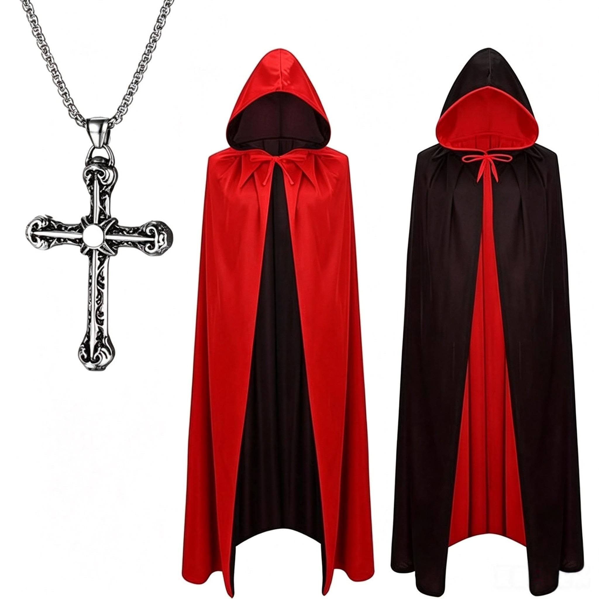 JPqianhao Halloween Vampire Cloak with Cross Necklace Black and Red Hooded Witch Capes Adult Halloween Party Wizard Witch Vampires(90CM)