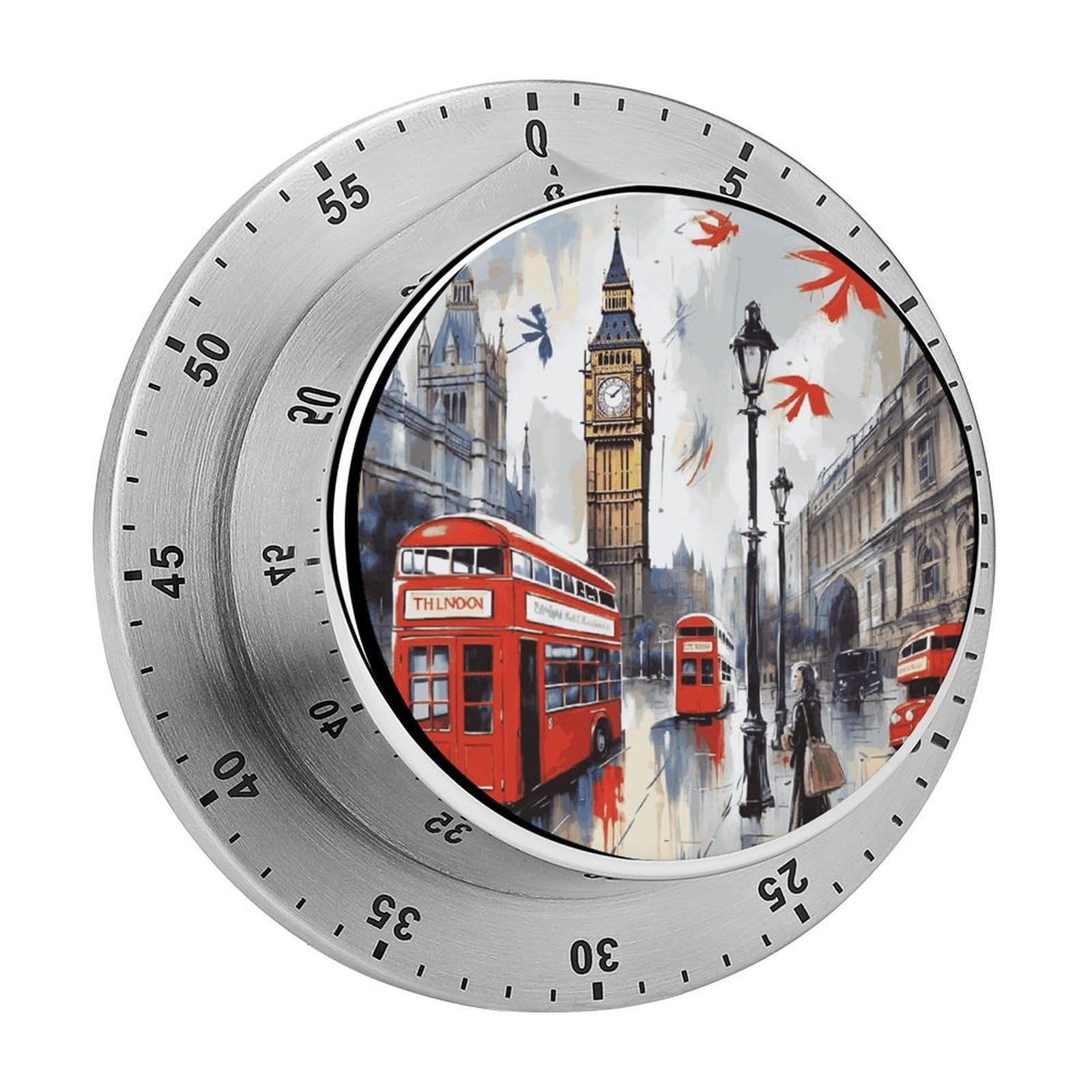Mechanical Kitchen Timer with Magnetic Back, Stainless Steel Manual London Printed Timer for Cooking and Time Management