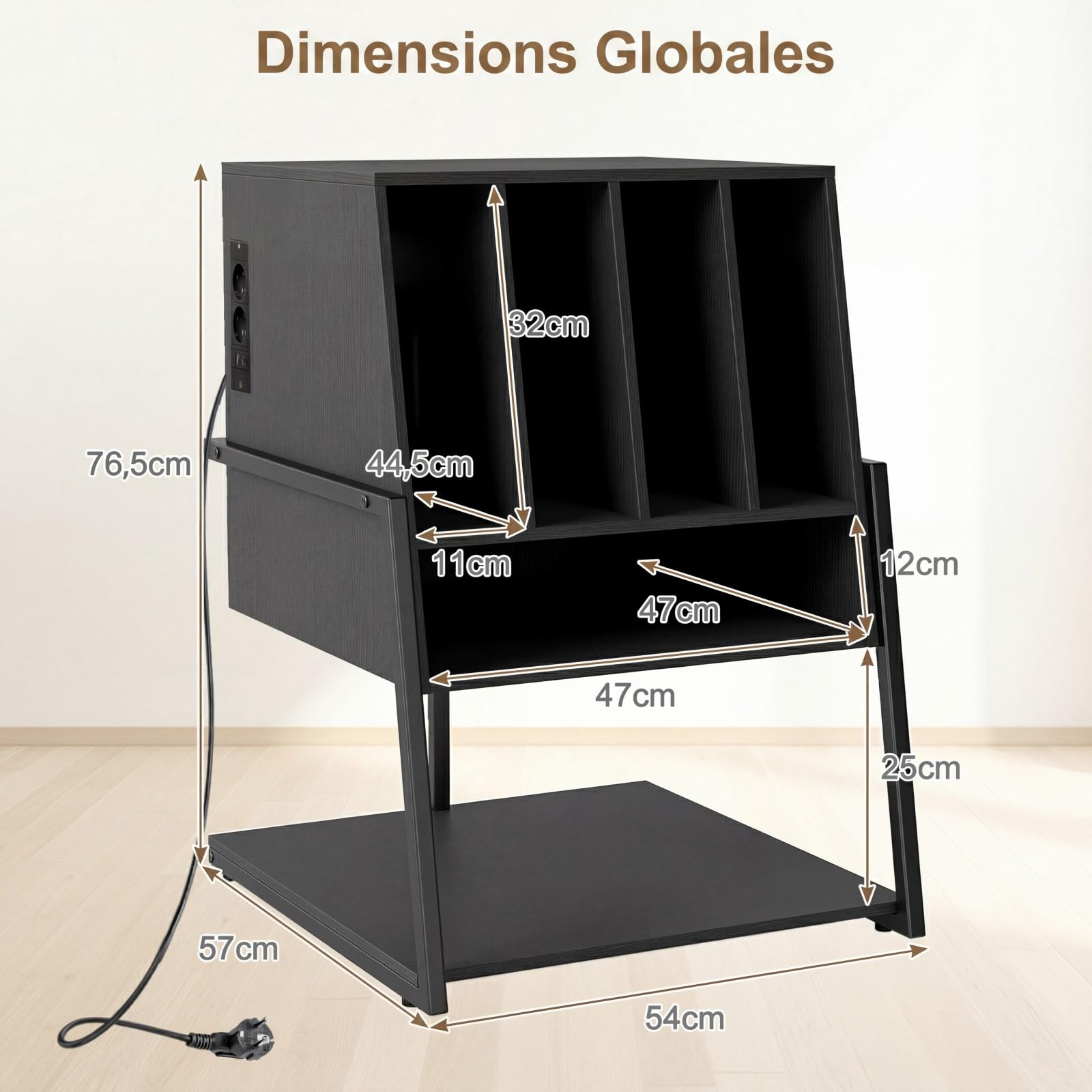 COSTWAY Meuble Platine Vinyle avec Prise, Meuble Rangement jusqu'à 180 Vinyle, 4 roulettes Inclus, Étagères, 5 Compartiments, Support Tourne Disque pour CD, DVD, Manga, Livres(avec Prise,Noir)