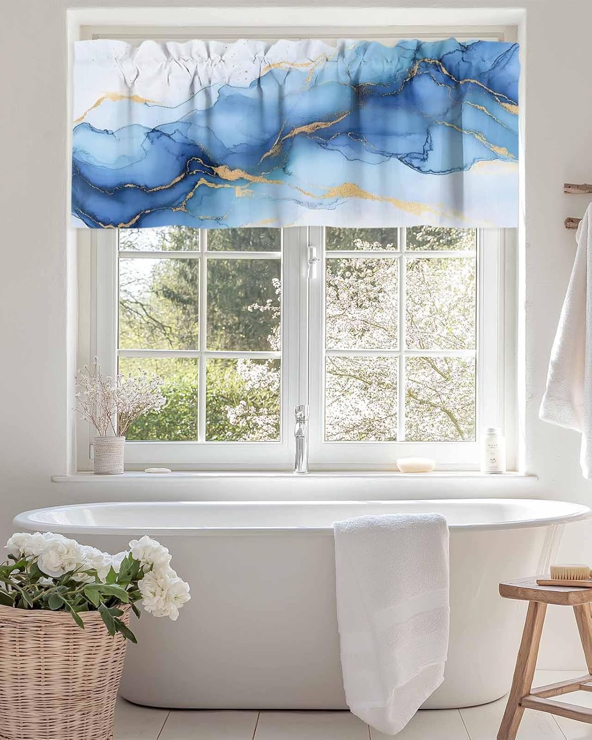 Abstract Art Blue Valance Curtain for Kitchen Blue White Gradient Marble Texture Modern Rod Pocket Tier Curtains Window Treatments for Kitchen Bathroom Bedroom,60x18In