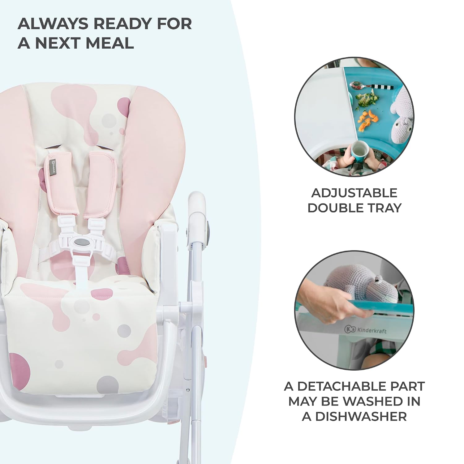 Kinderkraft Highchair Yummy, Baby Chair, Ergonomic, Comfortable, Reclining, Foldable, with Ajustable Height, Footrest, Detachable Double Tray, for Toddler, from 6 Month to 3 Years, Pink