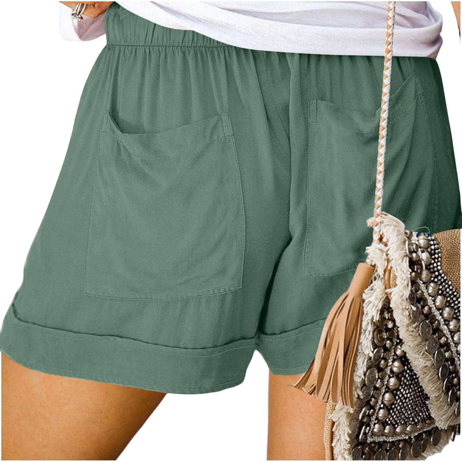 Summer Casual Shorts for Women Cotton Linen High Waisted Drawstring Casual Lightweight Beach Shorts with Pockets