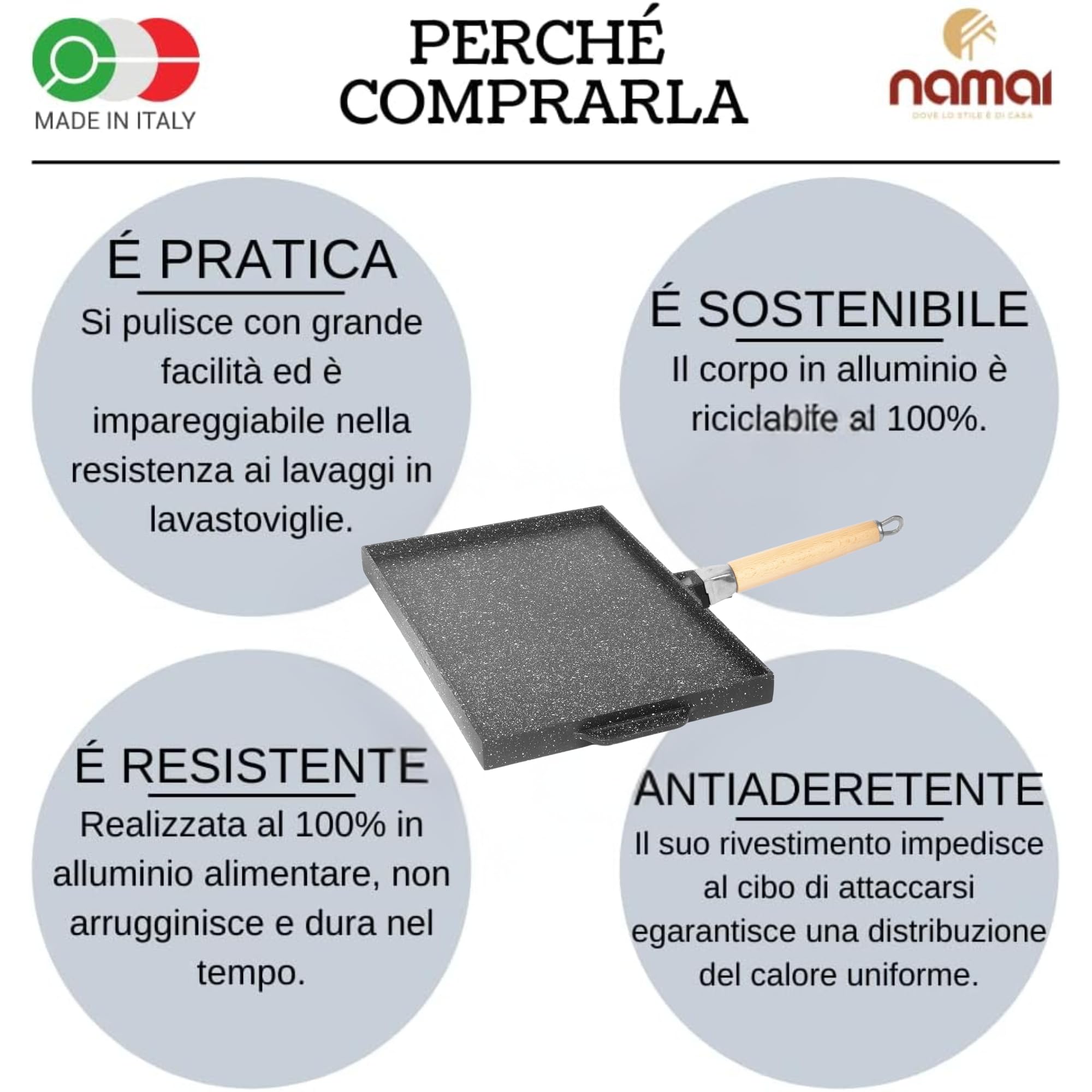 NAMAI - Bistecchiera Antiaderente Pietra, 41CM x 25CM, Alluminio Pressofuso, Lati Grill e Liscio, Padella Manico Removibile, No Induzione, Made In Italy