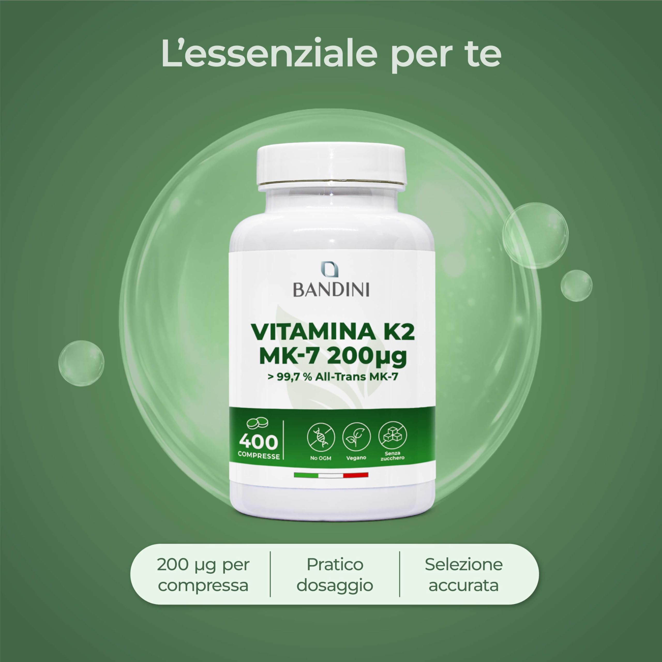 Bandini® Vitamina K2 MK7 200µg | 400 Compresse | Menachinone ad Alto Dosaggio | Vit K 2 MK-7 200 mcg | Contribuisce al Mantenimento di Ossa Normali, 100% Vegan, Senza OGM | Vitamina K Qualità Italiana