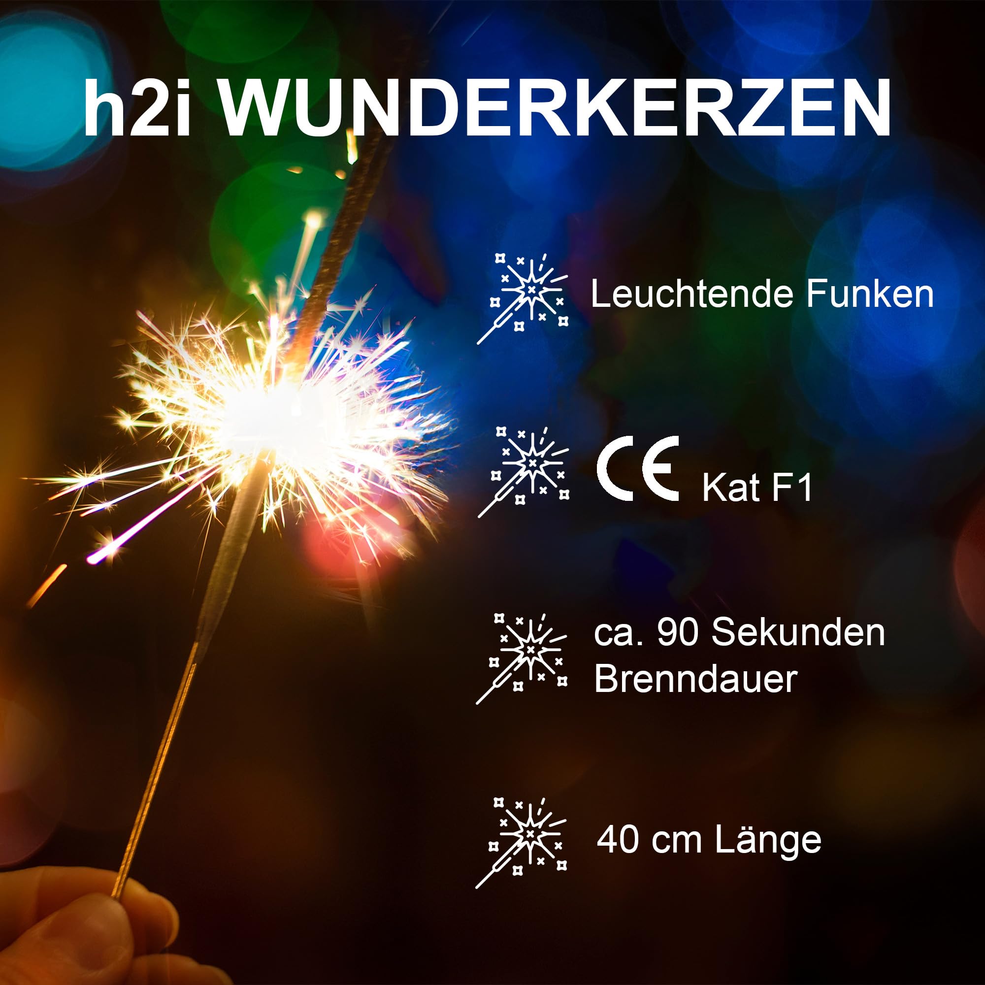 h2i Wunderkerzen | 100 Stück | 40 cm | Brenndauer ca. 90 Sek | Geburtstagskerzen Sprühkerze Spritzkerze Sternenspritzer und Funkenzauber für Party Hochzeit Silvester Geburtstag | Kat F1