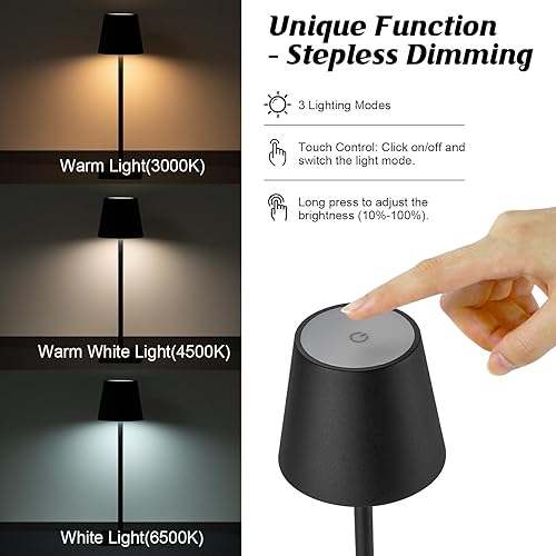 Miniatura 5 de Paquete de 2 lámparas de mesa LED inalámbricas recargables, funciona con pilas de 5200 mAh, lámpara de mesa, carcasa de aluminio, atenuación