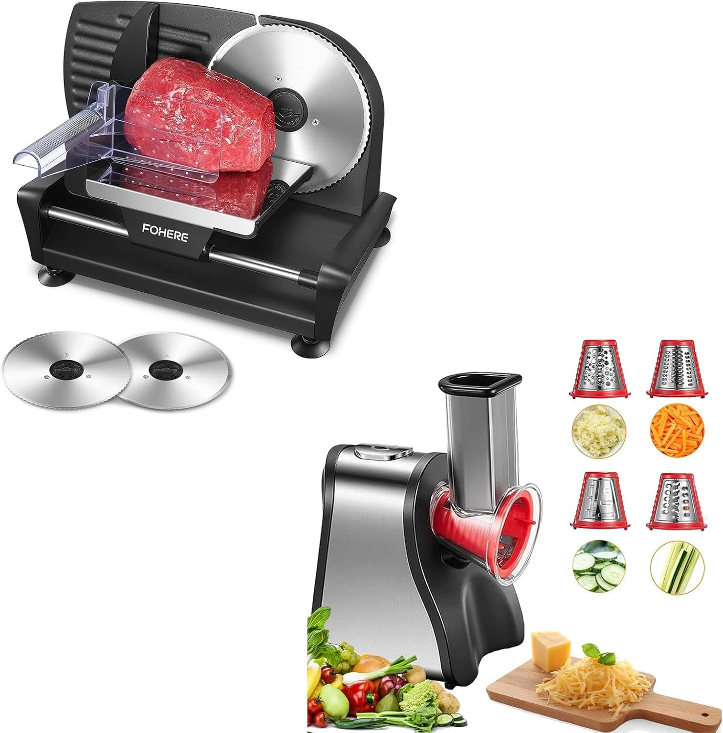 FOHERE Meat Slicer for Home Use + Electric Cheese Grater Salad Maker, Electric Slicer Shredder for Home Kitchen Use