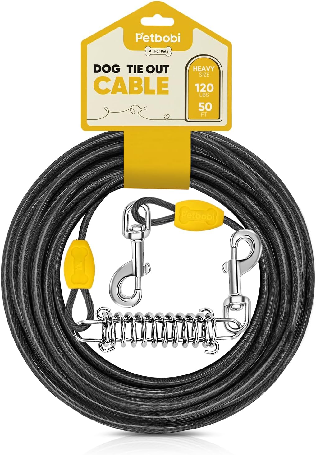 Petbobi Dog Tie-Out Cable 50ft - Outdoor Leash 4mm Metal Cable with Shock Absorbing Spring 360° Swivel Clips, Chain for Dogs Yard Camping, Fit Small Medium Large Pets Up to 120lbs, Black