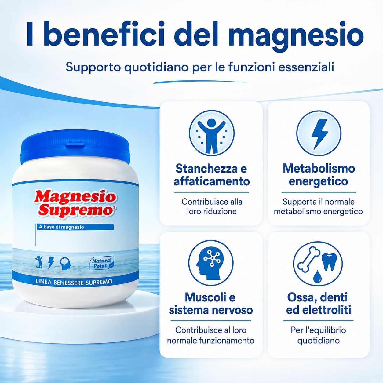 Natural Point Magnesio Supremo 2 Confezioni da 300 g – Riduce Stress, Stanchezza e Affaticamento, Supporta Muscoli e Sistema Nervoso, Benessere Quotidiano, Integratore Alimentare in Polvere Solubile