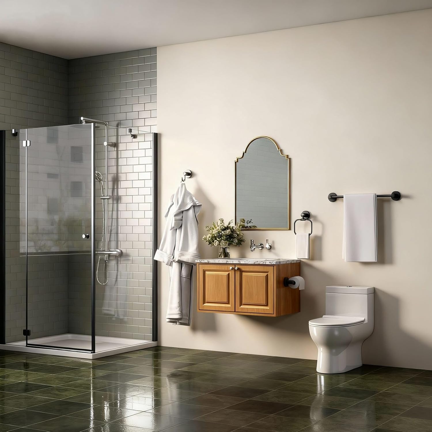 YUMORE 4-Piece Bathroom Set with Privot Toilet Paper Holder | All-in-One Wall Mounted Hardware Combo, Matte Black