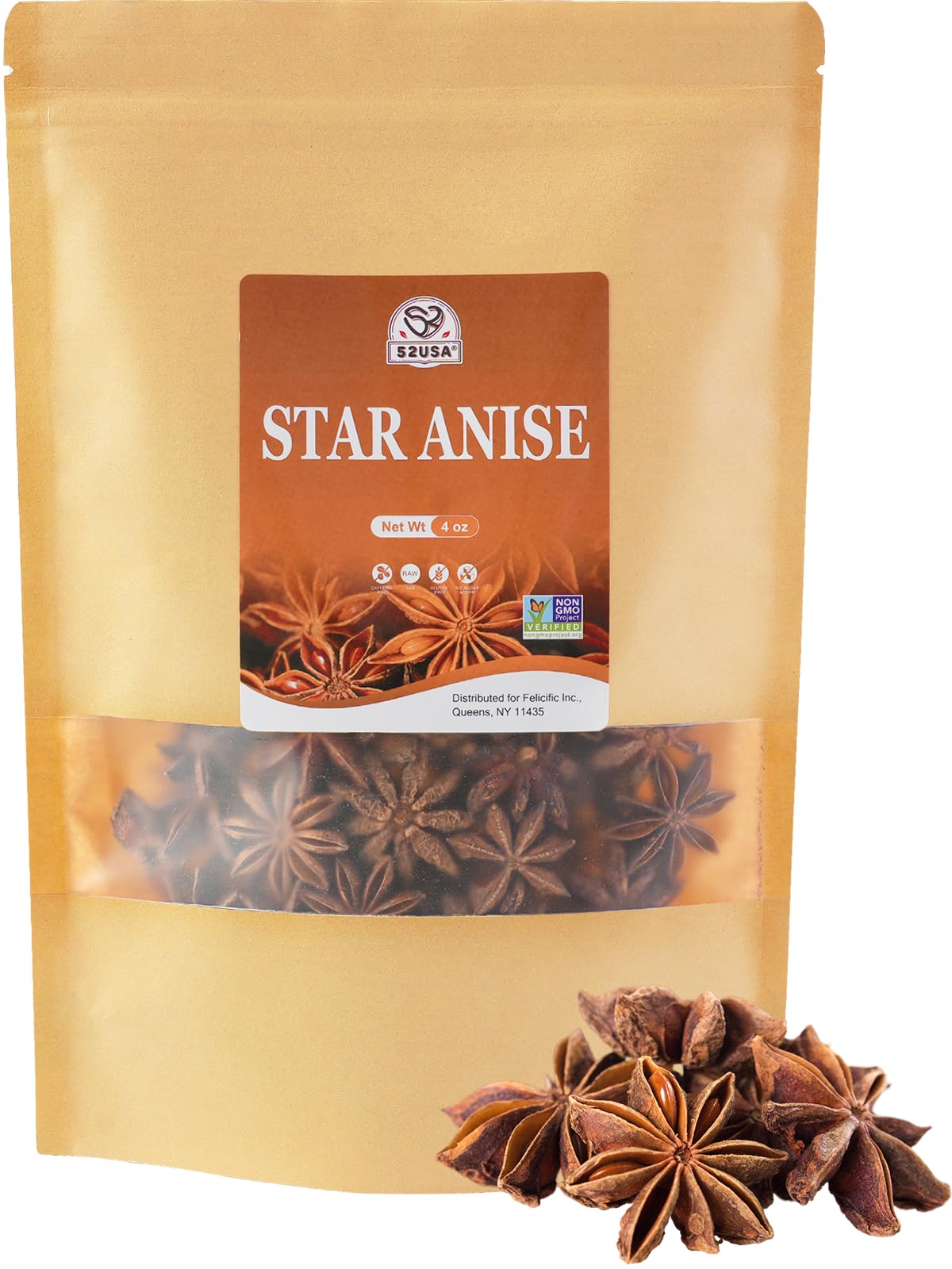 52USA Star Anise Whole, 4 Ounce (Pack of 1), NON-GMO Verified Chinese Star Anise Whole, Dried Star Anises Pods for Tea and baking