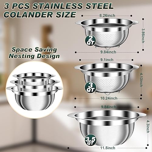 Miniatura 4 de Colador para cocina  Colador de acero inoxidable  3 coladores y coladores con asa, accesorio de cocina, cesta coladora de alimentos para fideos de