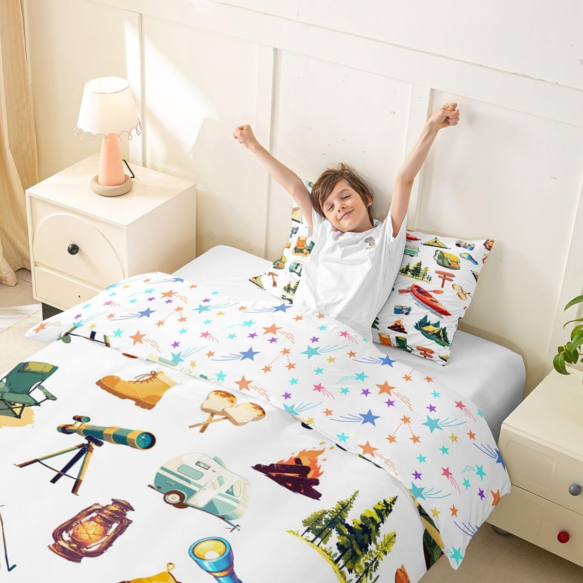 Erosebridal Kids Camping Toddler Duvet Cover Happy Camper Trailer Bedding Set Camping Gear Comforter Cover for Kids Boys Girls,Woodland Adventure Lodge Cabin Bed Set image 4
