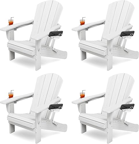 Vista 33 de Silla plegable KINGYES Adirondack con portavasos dobles - Sillas al aire libre de HDPE para todo clima, silla de patio tipo madera para el patio