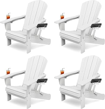 KINGYES Folding Adirondack Chair Set of 4 with 2 Cup Holders, White