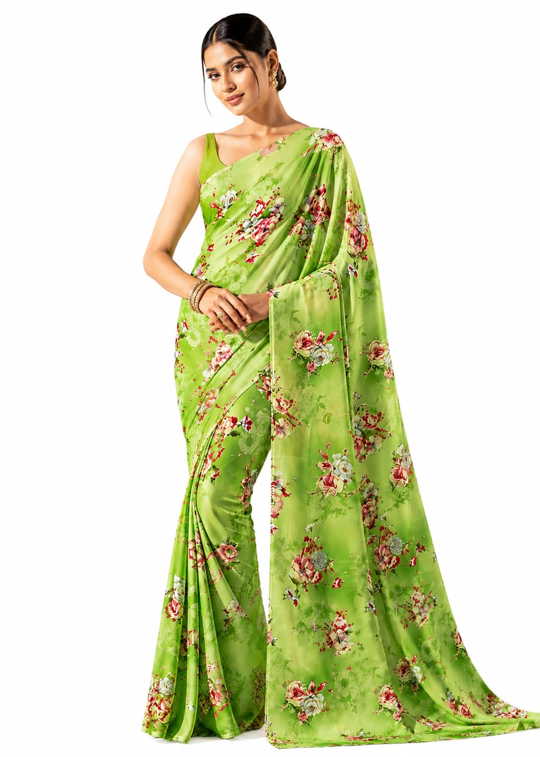 Mermaid Ocean Green Floral Printed Satin Saree for Women with Unstitched Blouse Piece | Soft Wedding Ethnic Saree | Designer Floral Saree Collection-picture-40