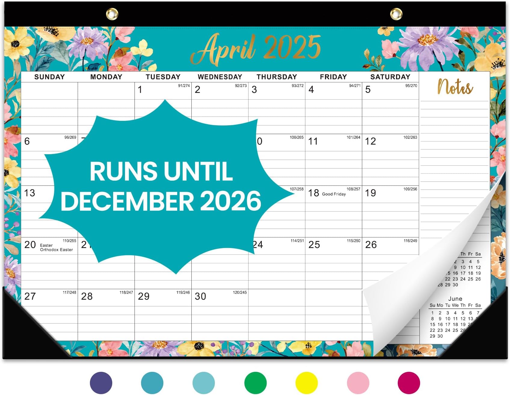 Desk Calendar 2025-2026, 21 Months Calendar Runs from April 2025 to December 2026 - Large 17" x 12" Desktop/Wall Monthly Calendar for Home School, or Office - Floral Pattern