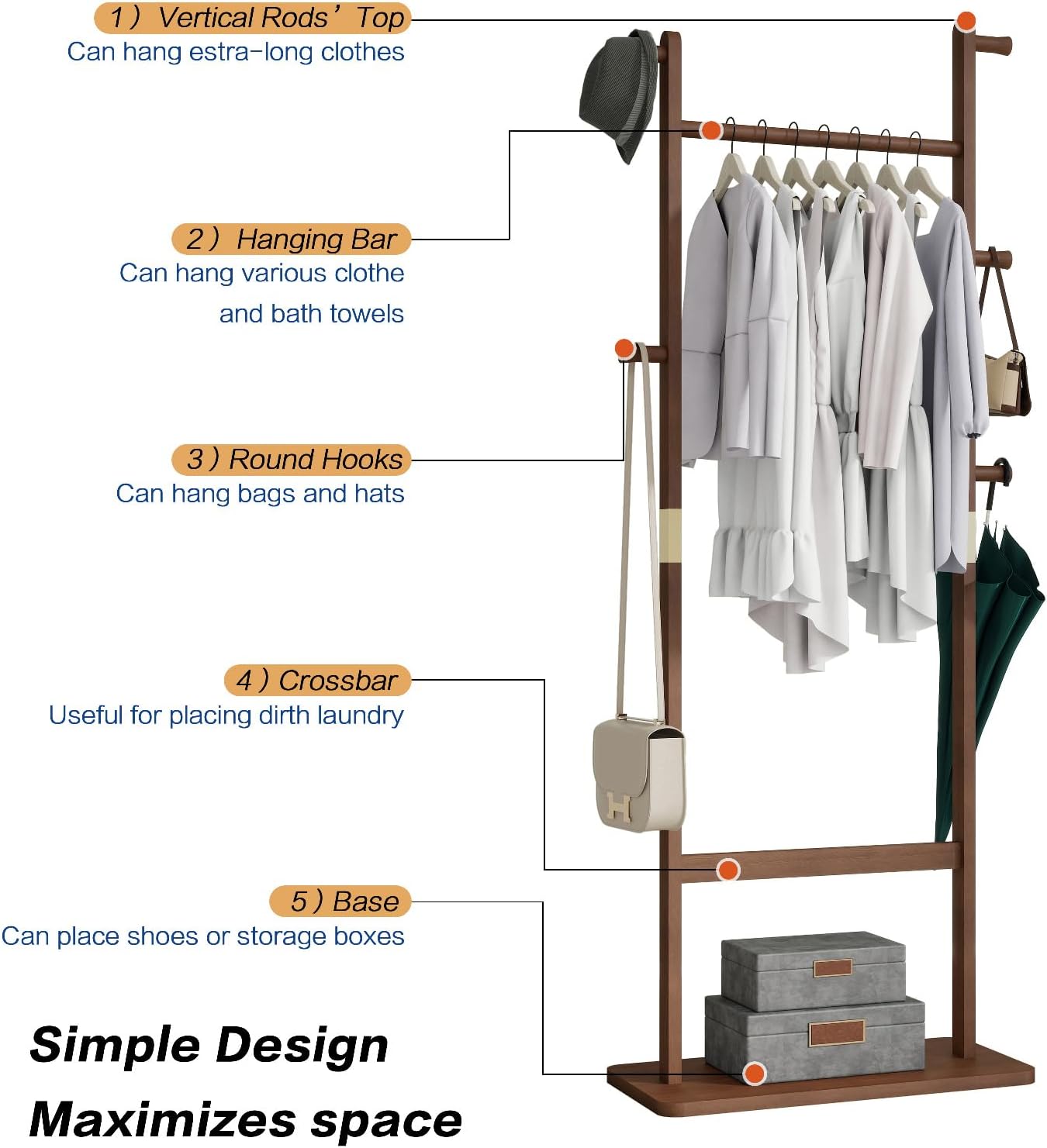 Solid Wood Coat Rack Freestanding - 23.6"x11"x64.1" Heavy Duty Hanger Stand with Storage Shelf, Space-Saving for Entryway, Bedroom, Living Room, Office - Easy Assemble‌ (Brown)