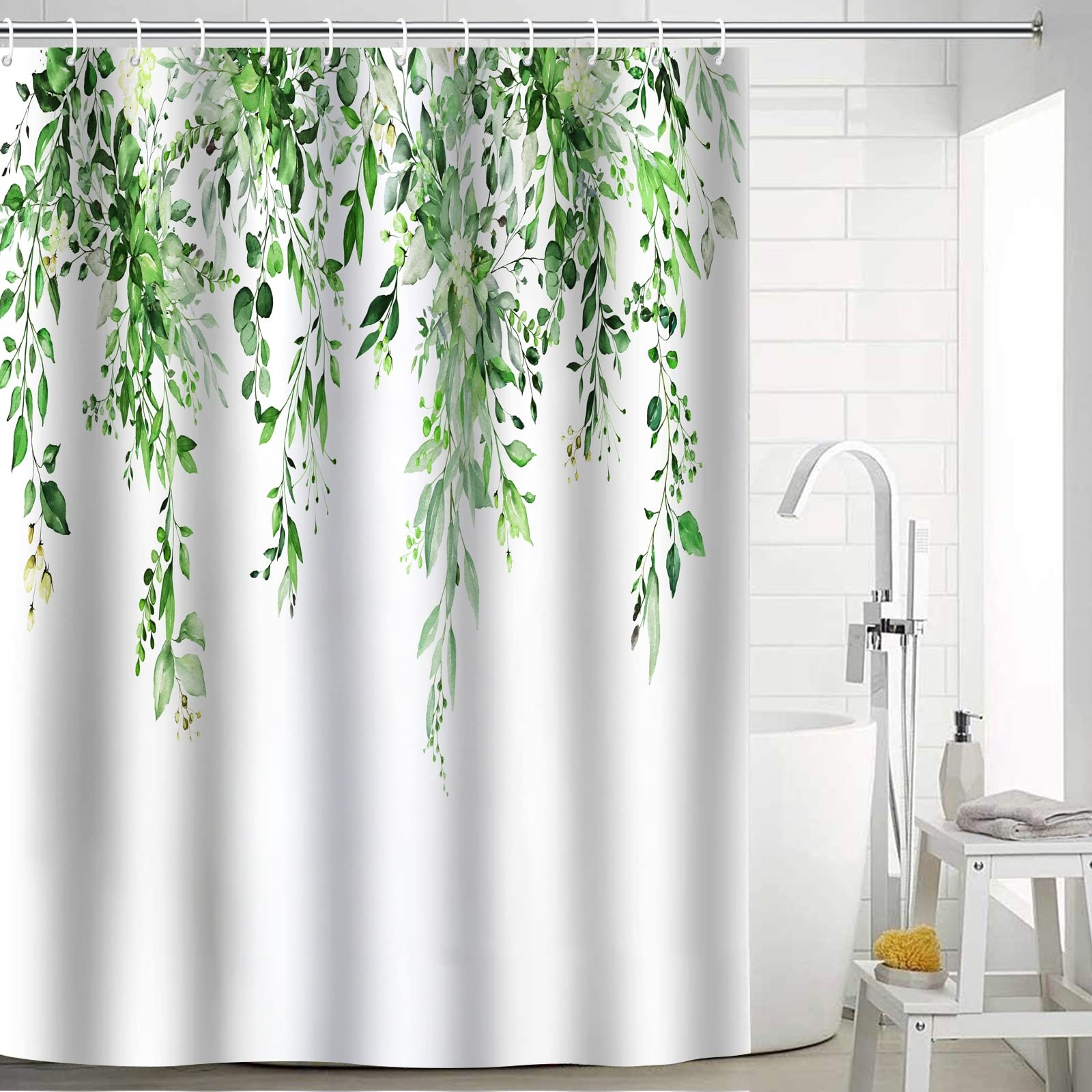 Shower Curtain 180 x 200 cm Curtains Bathroom Shower Curtain Plants Green White Bath Curtain Anti Mould Textile Washable Waterproof - Image 4