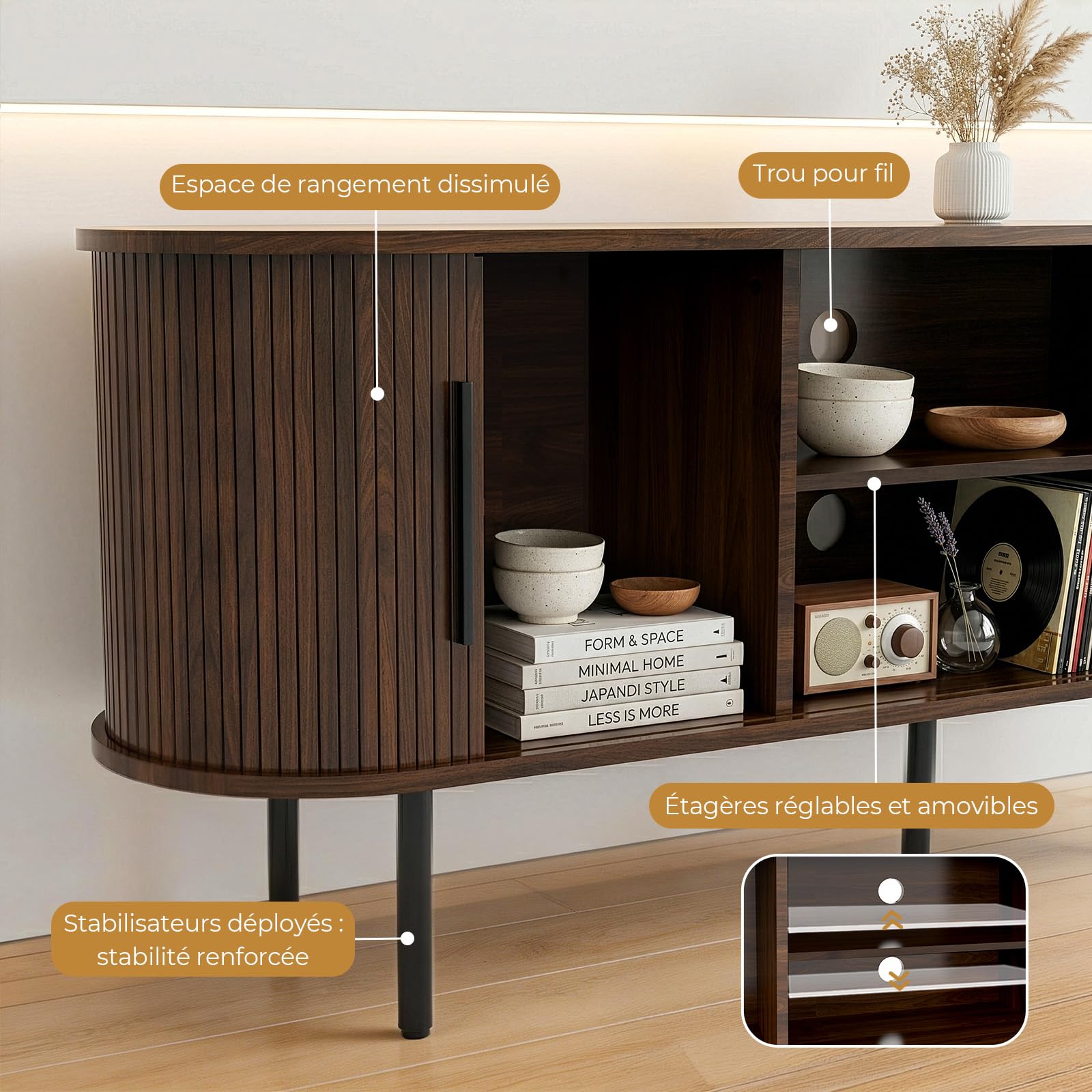 LEADZM Meuble TV avec 2 Portes Coulissantes Étagère Ajustable pour Salon et Chambre à Coucher, Style à lamelles Verticales, 147 x 35 x 58 cm (Noyer)