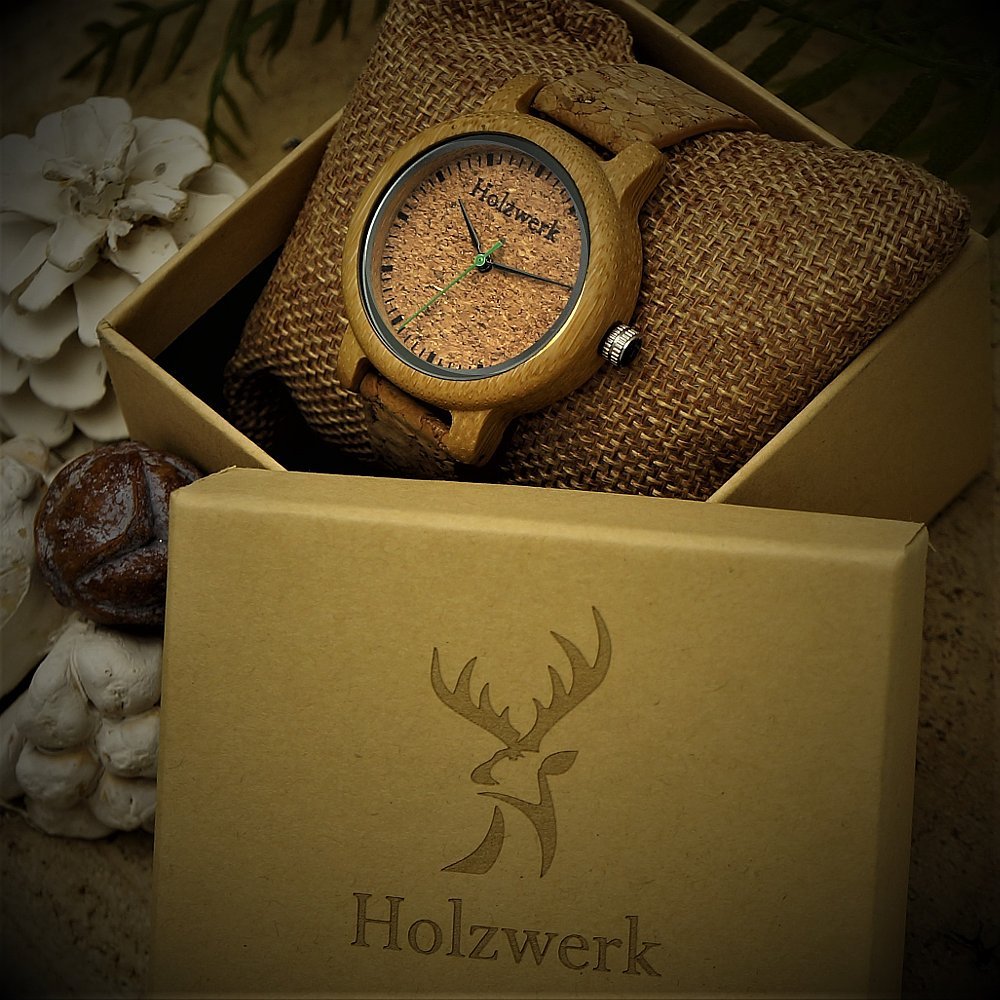 Holzwerk Germany Orologio da donna, realizzato a mano, ecologico, naturale, vegano, in legno, analogico, classico, al quarzo, con cinturino in sughero e quadrante in legno, Br.1, cinghia