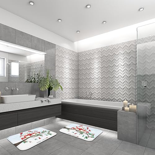 Miniatura 4 de ArtSocket Juego de 2 tapetes de baño de Navidad, con sombrero de Papá Noel, pájaro, decoración de baño, alfombras de 16 x 24 y 20 x 32 pulgadas,