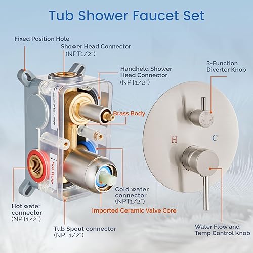 Miniatura 5 de Airuida Juego de sistema de ducha redondo con boquilla de bañera, montaje en pared, juego de grifo de ducha de lluvia de 3 funciones, 2 funciones