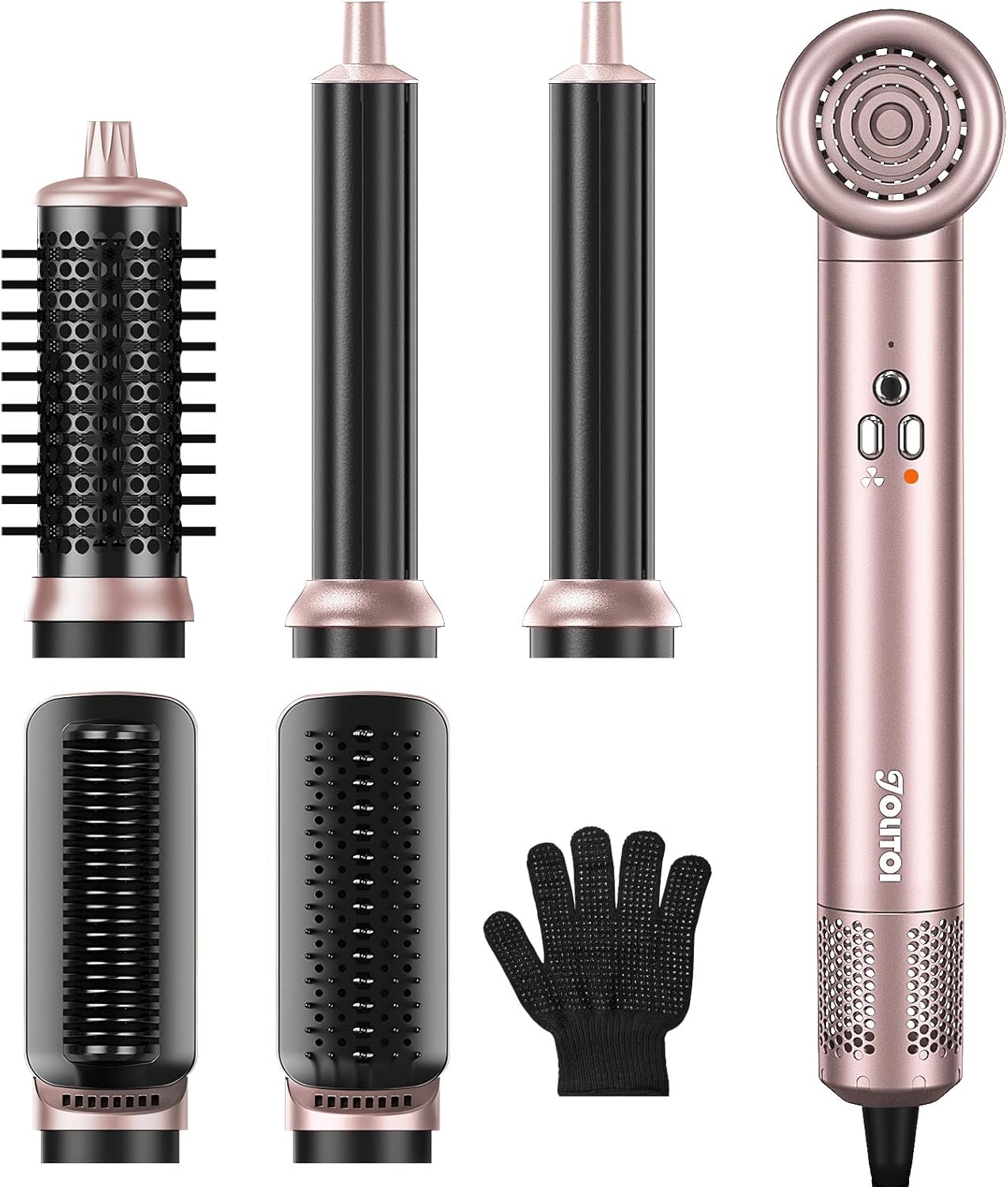 Blow Dryer Brush, Jolitoi 6 in 1 Hair Dryer Brush with 110,000 RPM High-Speed Negative Ionic, Auto Wrap Curlers, Professional Hair Styling Tool Set for Curling Volumizing Straightening (Rose Gold)