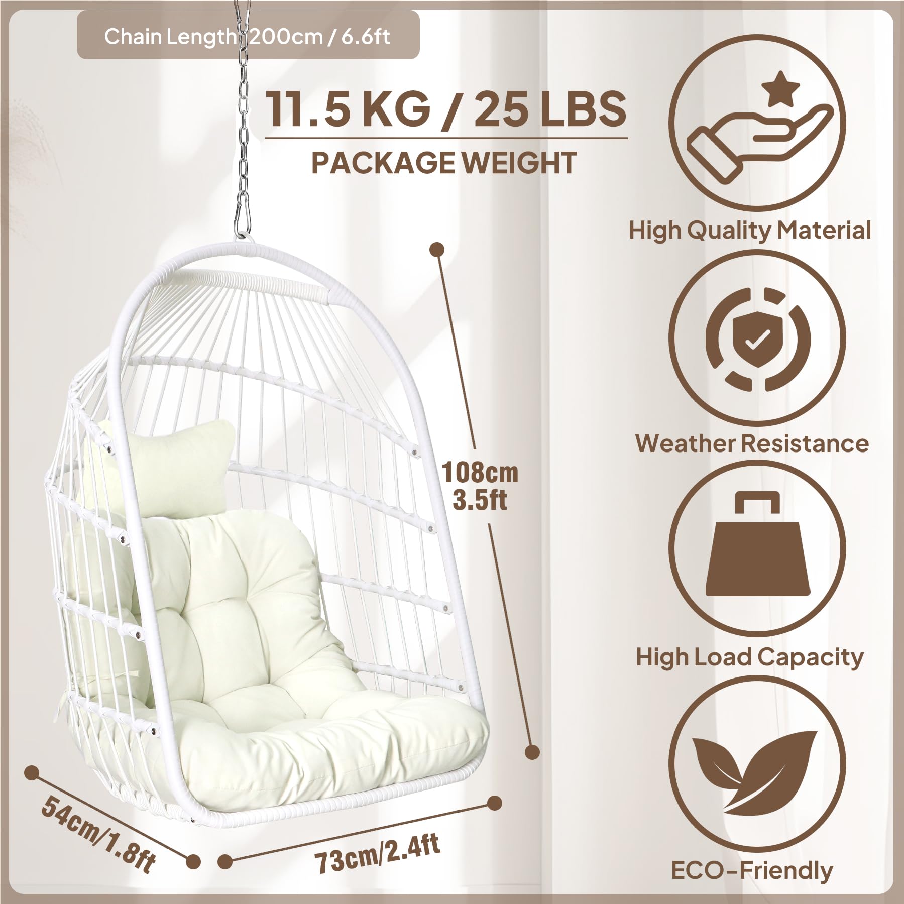 Sedia a Dondolo Pieghevole in Rattan per Interni ed Esterni - Vimini con Kit Appeso in Acciaio Inossidabile, Cuscino Resistente ai Raggi UV - Camera da Letto