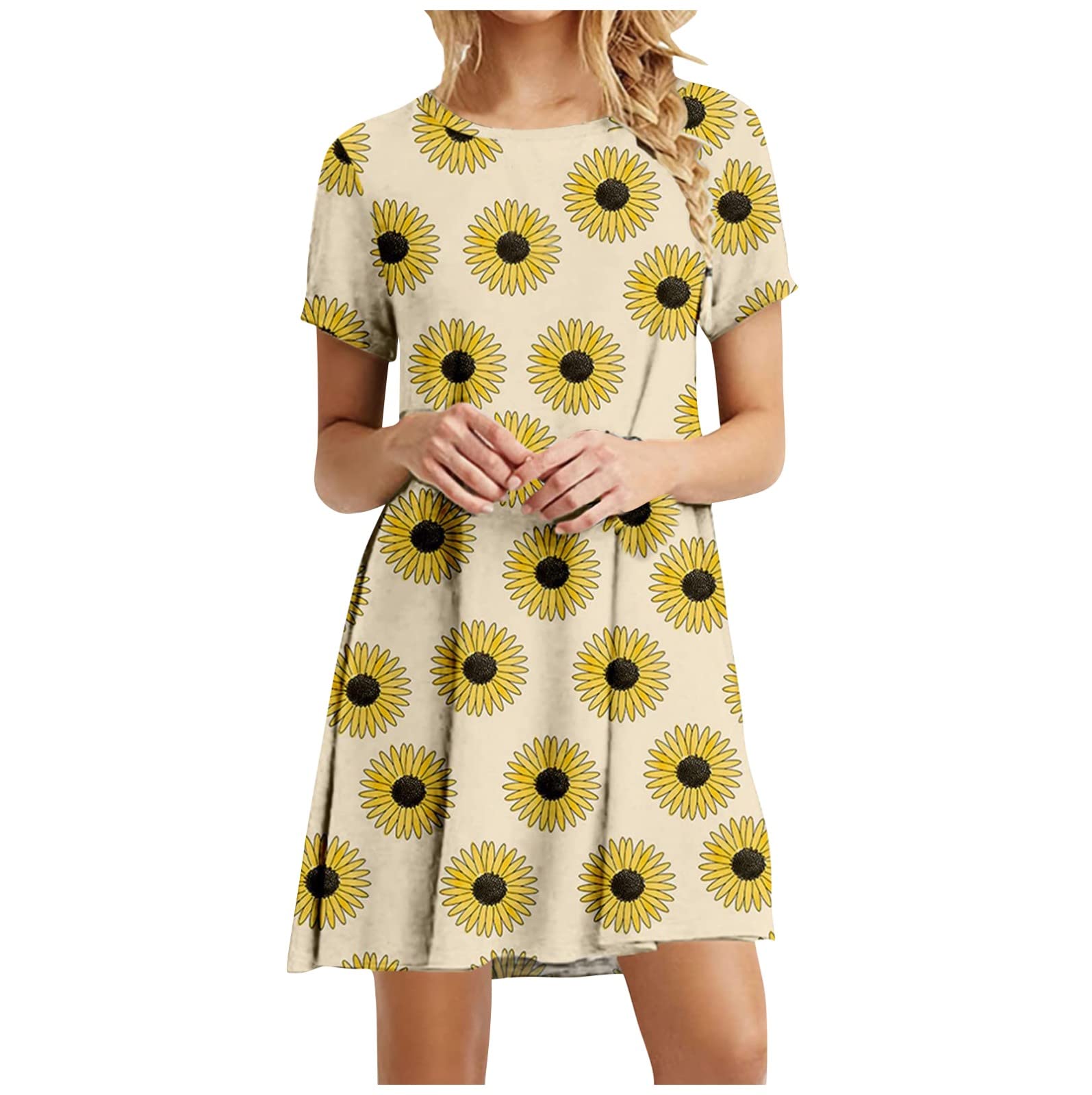 2023 Summer Women's Ruffle Mini Dress Short Sleeves Leopard Floral Round Neck Loose Pleated Dress