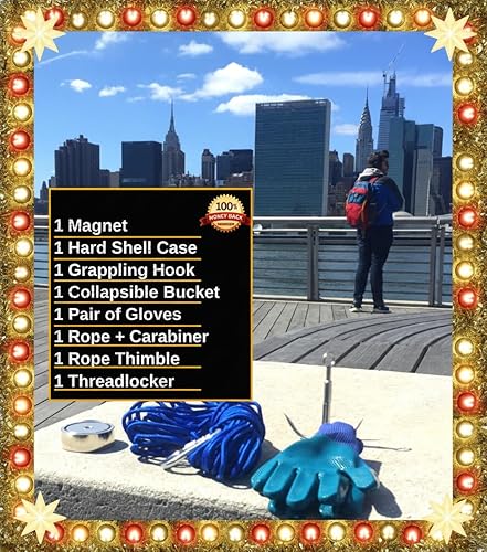 Miniatura 7 de 1200 LB Magnet Fishing Kit with Case - 2 Fishing Magnets in 1 (Double Sided Magnet) - with Grappling Hook, Heavy Duty 65FT Rope, Gloves, Carabiner