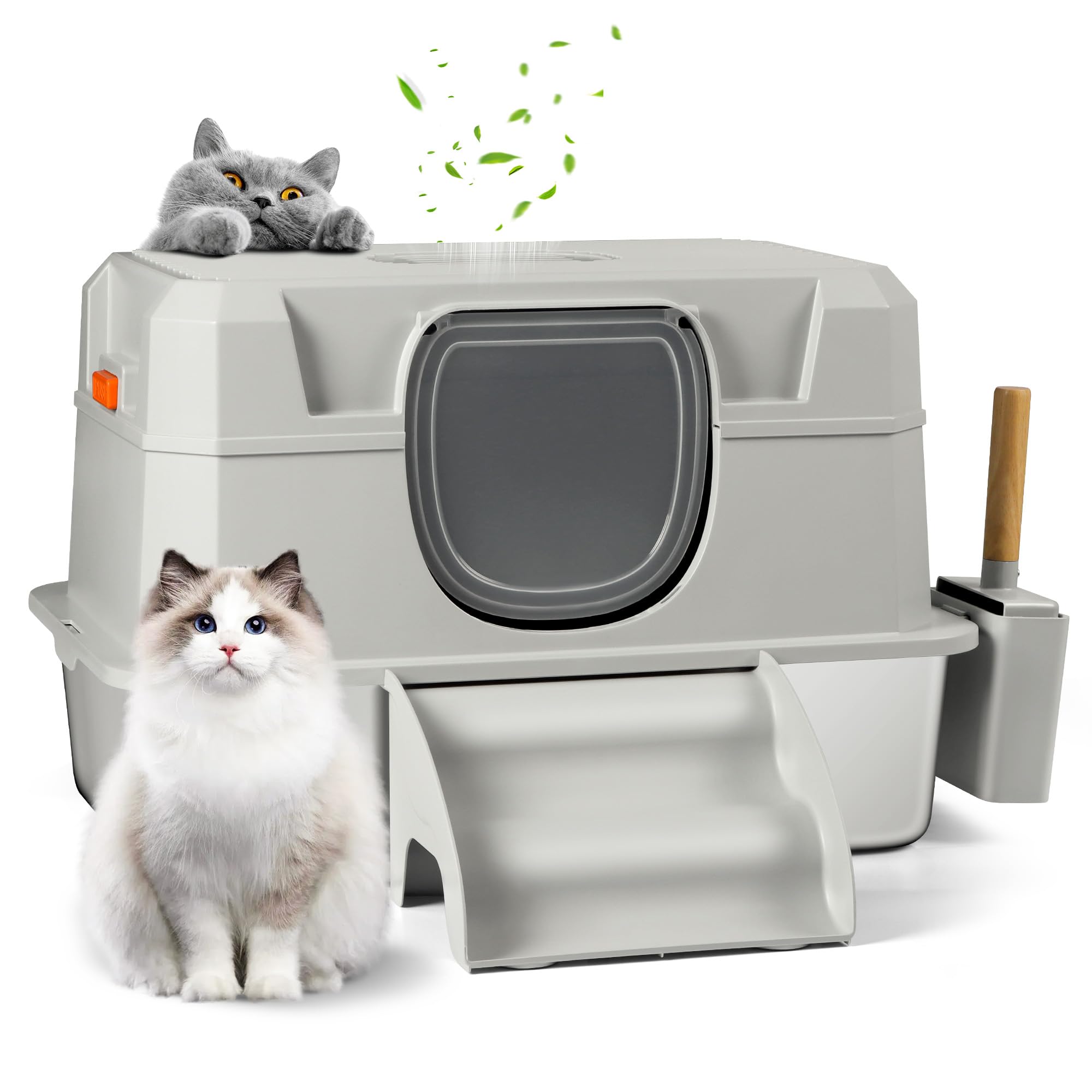 Arenero para Gatos de Acero Inoxidable para Gatos con Tapa, Caja de Arena Metálico Extraíble XXL con Tapa, Cuchara, Escalón, No Pegajoso, Sin Olores, Fácil de Limpiar (Gris Claro)