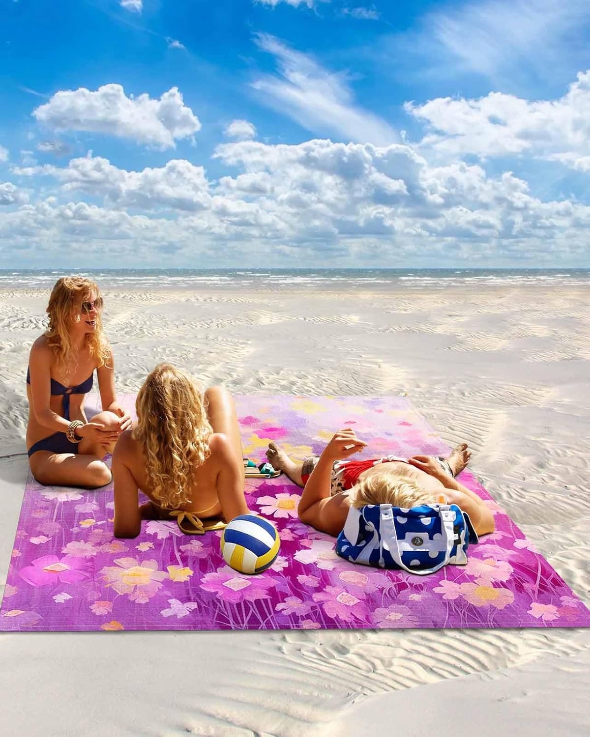 Beach Blanket Waterproof Sandproof Beach Mat,Watercolor Purple Gradient Floral Blossom Picnic Blankets with Sand Pockets and Stakes,Pastoral Flower Oil Painting Outdoor Pad for Seaside 118x108In