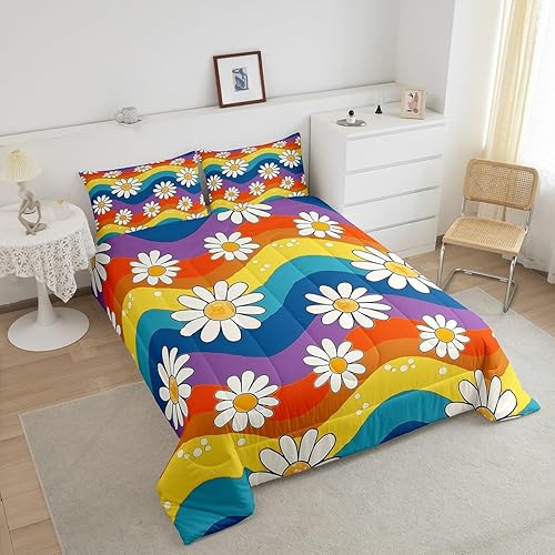 Miniatura 4 de Juego de edredón de flores Groovy de los años 70, tamaño individual, juego de edredón floral de arco iris bohemio para niños, niñas, adolescentes,