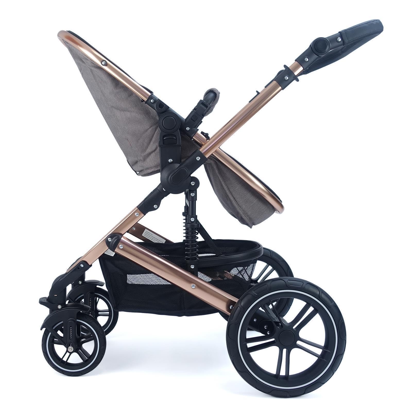 Pixini Neyla Kombi Kinderwagen mit Stoffwanne/Buggy/Wickeltasche/Getränkehalter/Regenplane/Mückennetz/Wickelauflage (gold/braun)