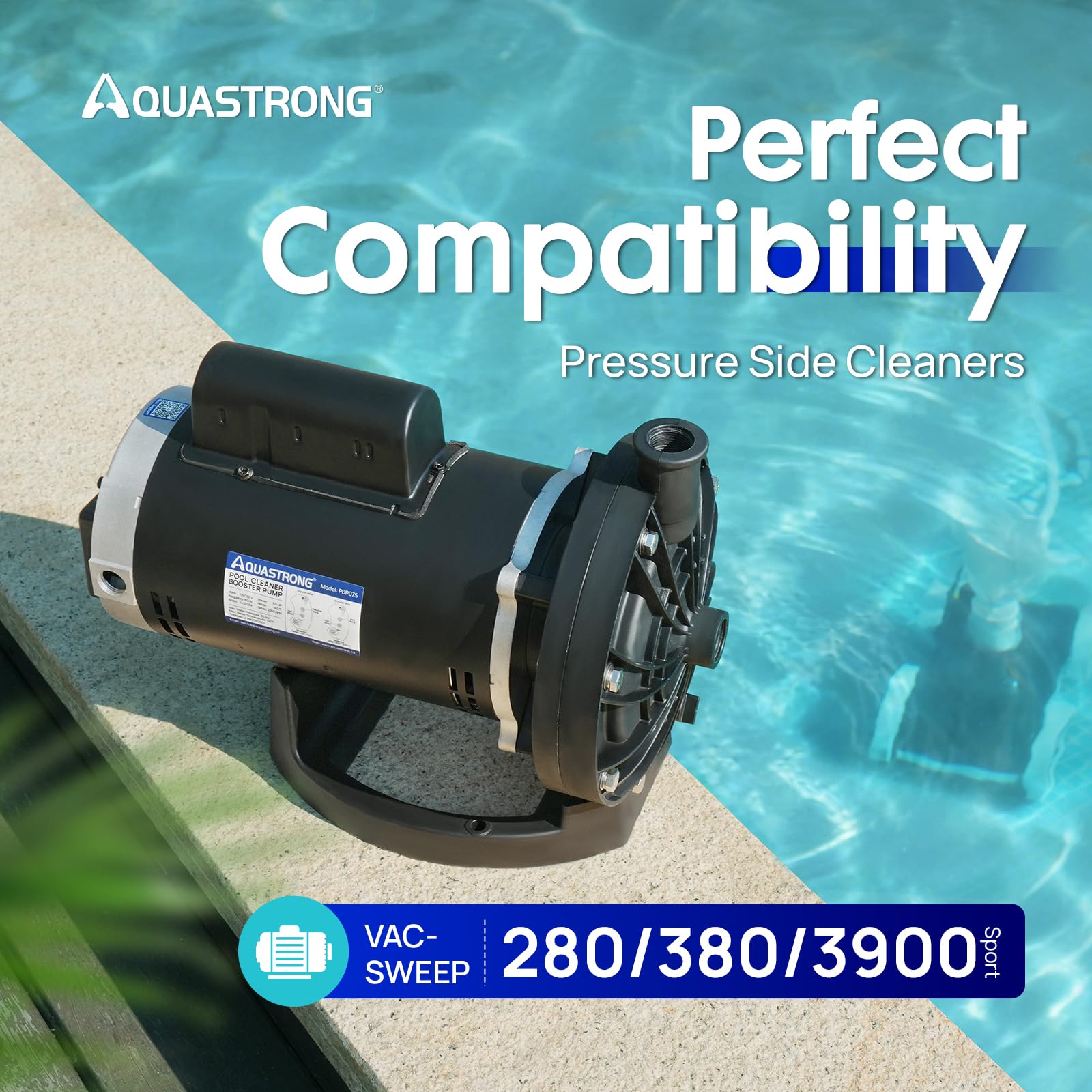 Aquastrong Bomba de refuerzo de piscina, 3/4 HP, doble voltaje 115 V/230 V, motor de cobre puro, compatible con limpiadores de piscina de lado de presión Vac-Sweep 280, 380, 3900