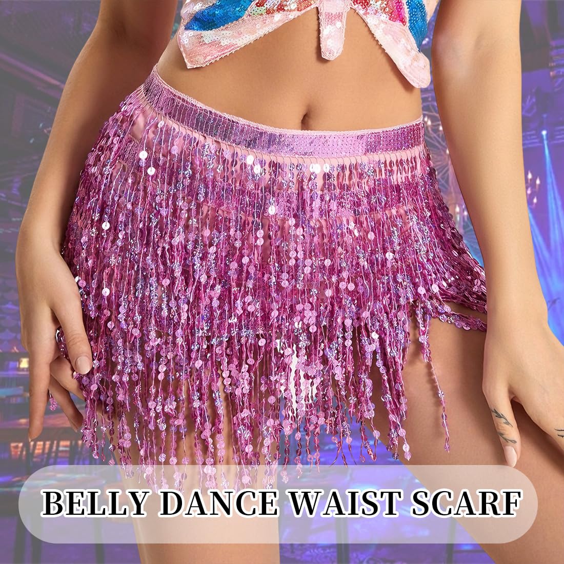 Falda de lentejuelas con borlas para danza del vientre, 4 capas, rosa