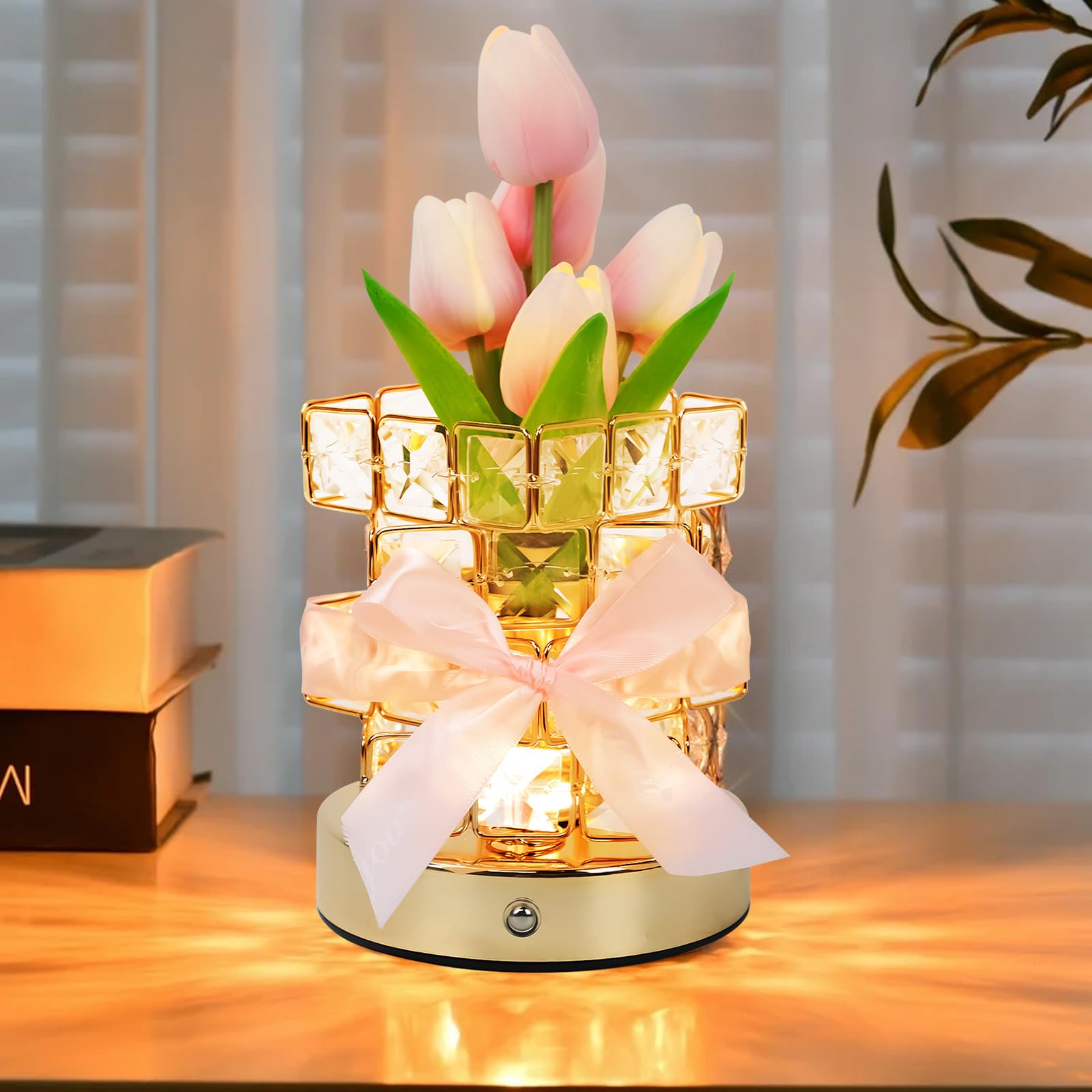 Ruaizel Tulip Flower Lamp, 3 Colors Rechargeable Table Lamp, Crystal Lamp for Christmas, Valentine's Day, Mother's Day