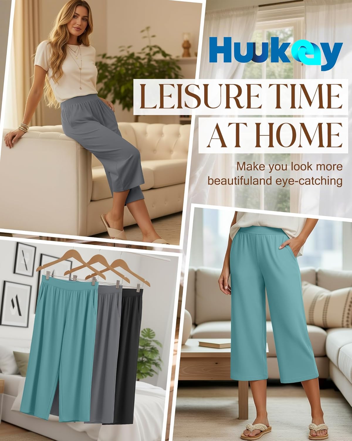 Huukeay 3 Pack Women's Capri Sweatpants, Cozy Wide Legs Cropped Capri with Pockets, Lounge Jogger Pants Workout Yoga Solid - Image 3