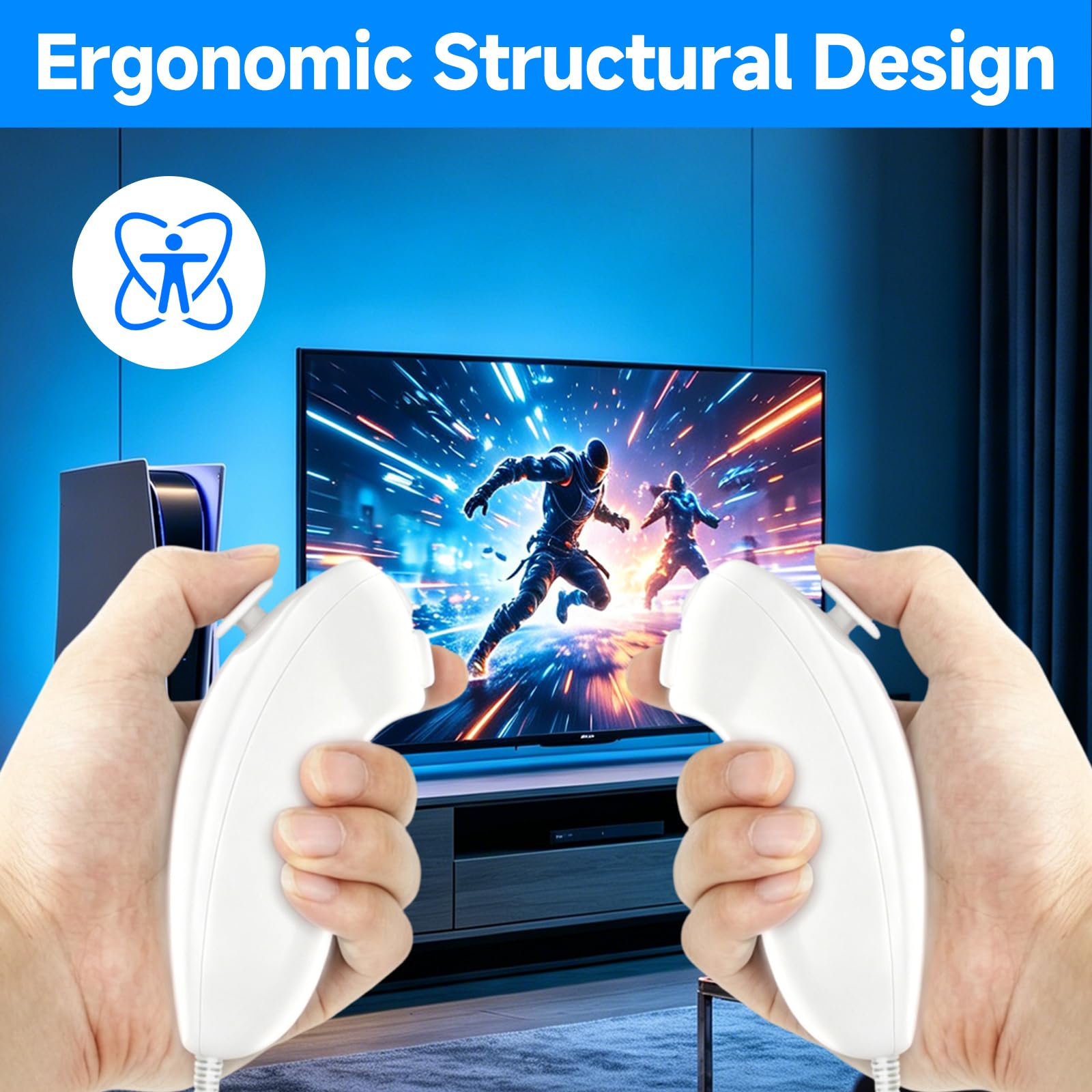 Vexnaro 2 Pack Controlador Nunchuk, Compatible con Wii y Wii U, Mando Nunchuk de Repuesto para Gamepad y Consola de Videojuegos, Controlador con Diseño Ergonómico para Juegos