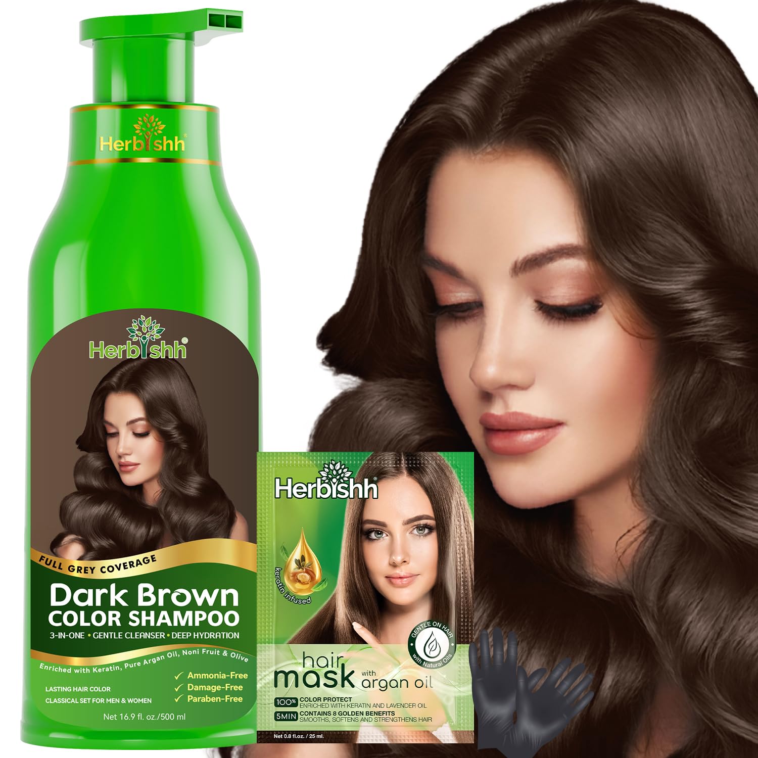 Herbishh Hair Colour Shampoo (Dark Brown, 500Ml) - Ammonia Free, Color For Women & Men | Permanent Hair Dye Shampoo with 100% Grey Coverage Up To 8 Weeks