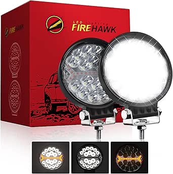 Firehawk LED Light Pods Bar 4 Inch 30000LM 60W Round Spot Flood Amber White Driving Offroad Fog Work Backup Bumper for Truck Jeep ATV UTV SUV Tractor Motorcycle 4x4 Cart Trailer Boat Waterproof 2PCS