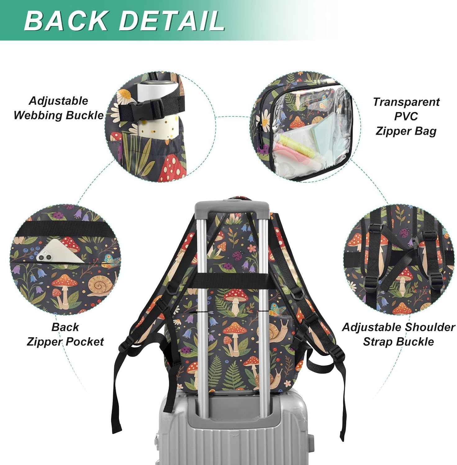 Backpack for School Mushroom Snail with PVC Transparent Front Zipper Bag