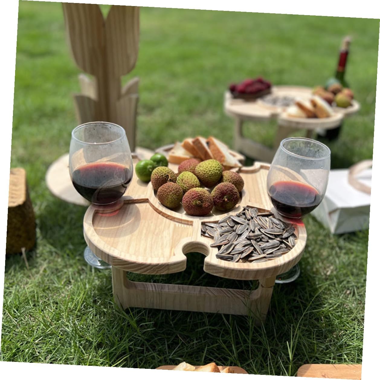 Portable Wooden Wine Desk Folding Picnic Table for Outdoor Beach Camping BBQ, 35cm Diameter Flower-Shaped Travel Table with Tray for Patio and Lawn