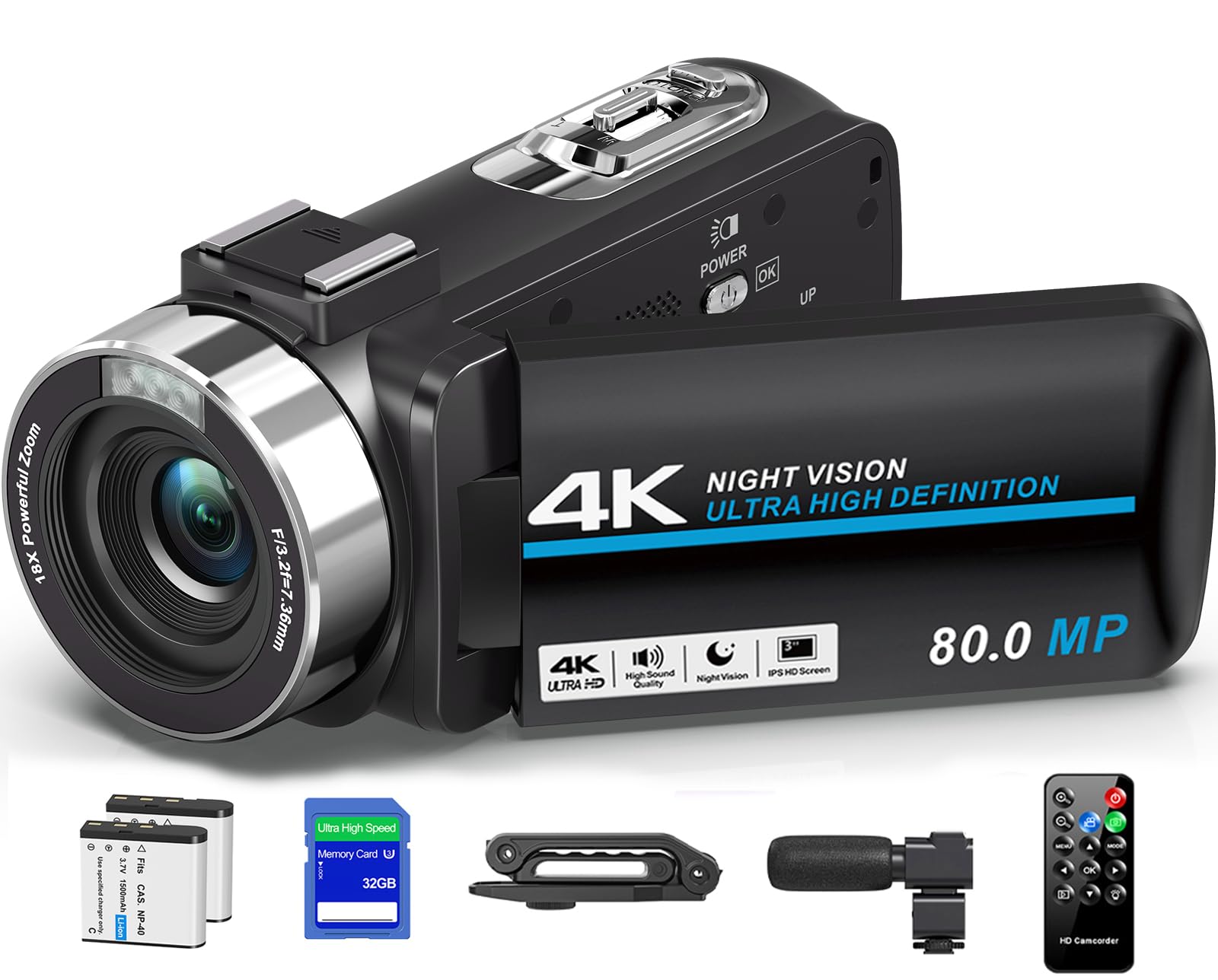 Camcorder Video Camera 4K 80MP Ultra HD Vlogging Camera for YouTube 18X Digital Zoom Recorder IR Night Version 3.0" IPS HD Screen With Handheld Stabilizer, Microphone, Remote Control and 32GB SD Card