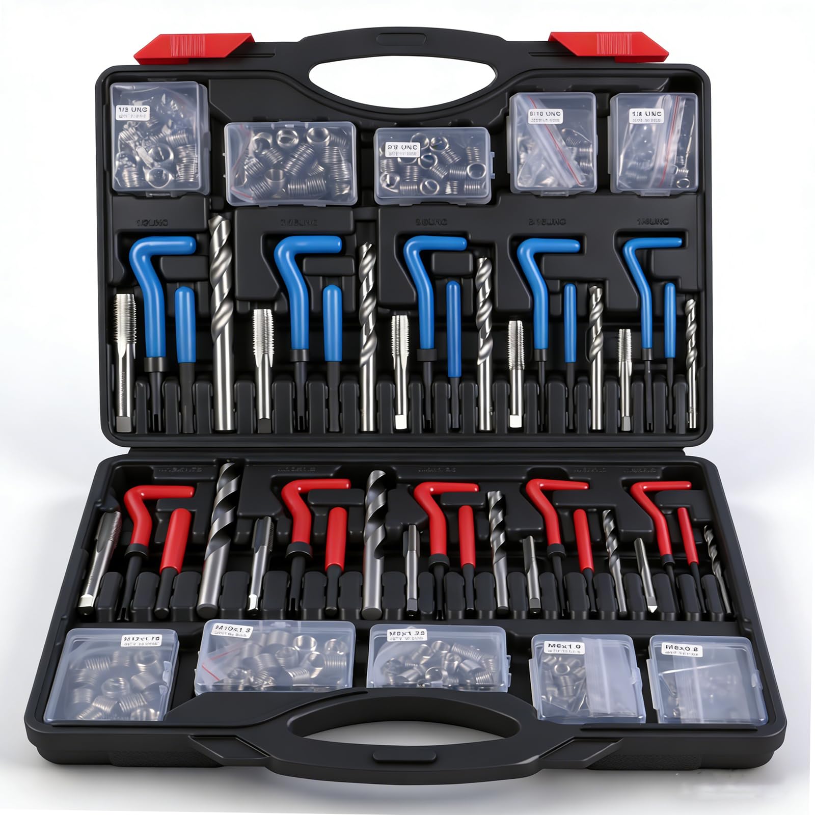 Kit di riparazione per filettatura, 314 pezzi, kit di riparazione metrico Helicoil con punte da trapano HSS, inserti per rubinetti, strumenti di rottura: M5, M6, M8, M10, M12, kit Helicoil SAE: