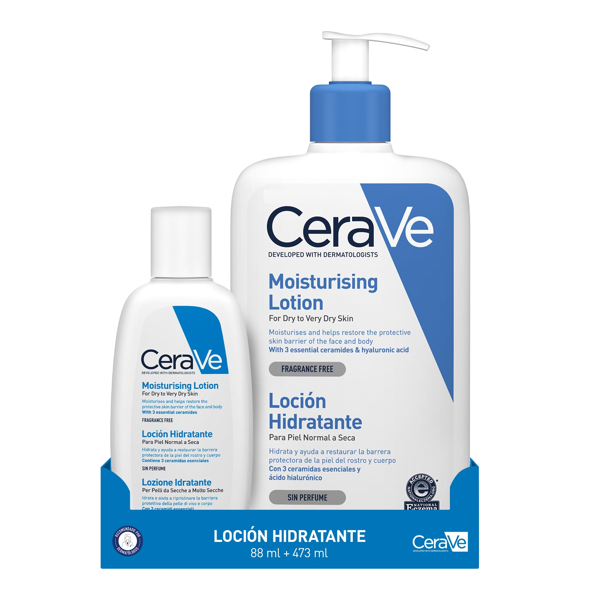 CeraVe Loción Hidratante 473 ml + 88 ml, Para Piel Seca a muy Seca, Hidrata y Restaura la Barrera Cutánea, Enriquecida Con Ceramidas y Ácido Hialurónico, Fórmula Ligera, Apta para Rostro y Cuerpo