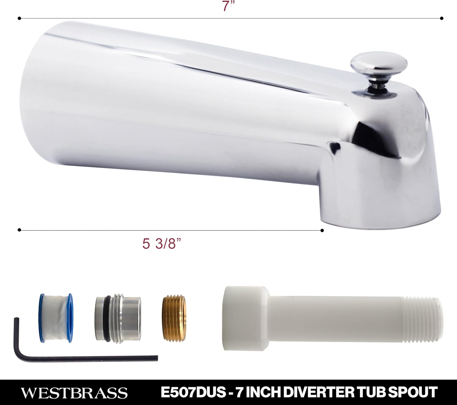 Westbrass E507DUS-26 Universal Fit 7" Diverter Tub Spout, Zinc, Polished Chrome