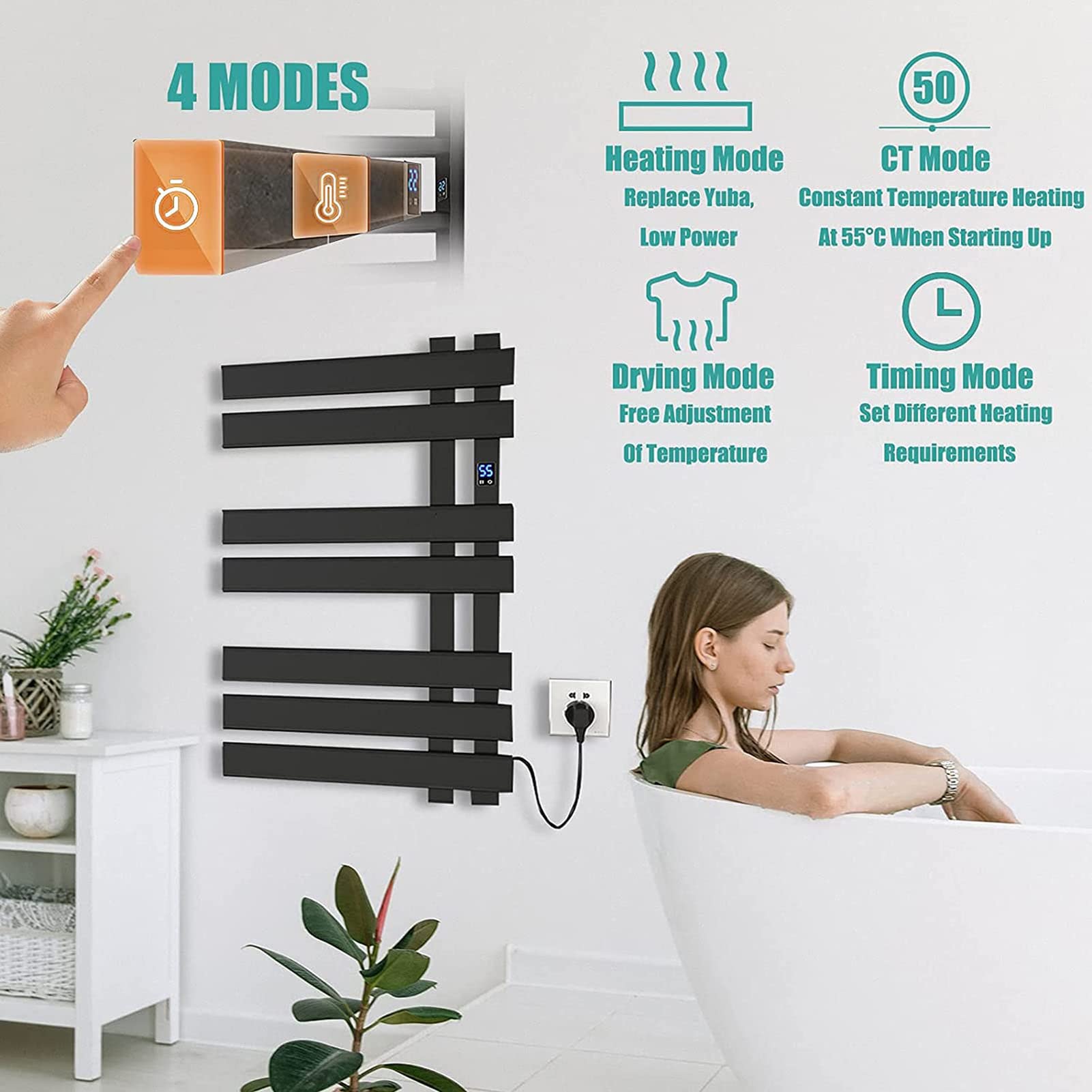 Elektrischer Handtuchhalter, Badezimmerheizkörper, an der Wand montierter Handtuchwärmer und Handtuchtrockner aus Aluminiumlegierung mit Timer-Temperaturregelung, Anthrazit, Schwarz (Schwarz)